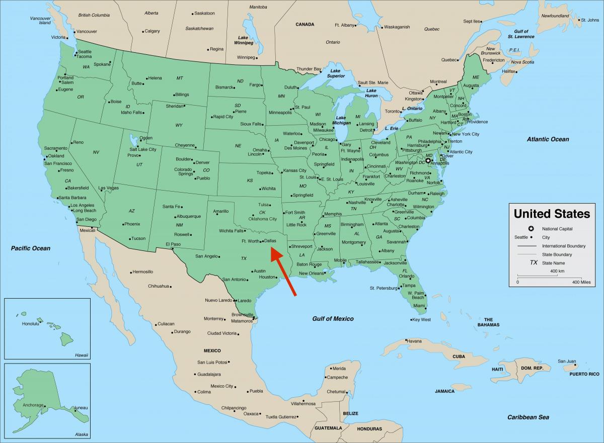 دالاس على تكساس - خريطة الولايات المتحدة الأمريكية